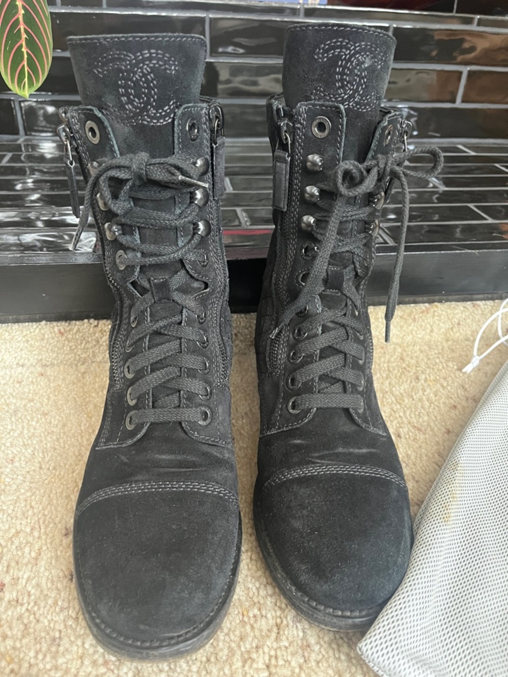 CHANEL Black Suede Lace-Up combat  Boots